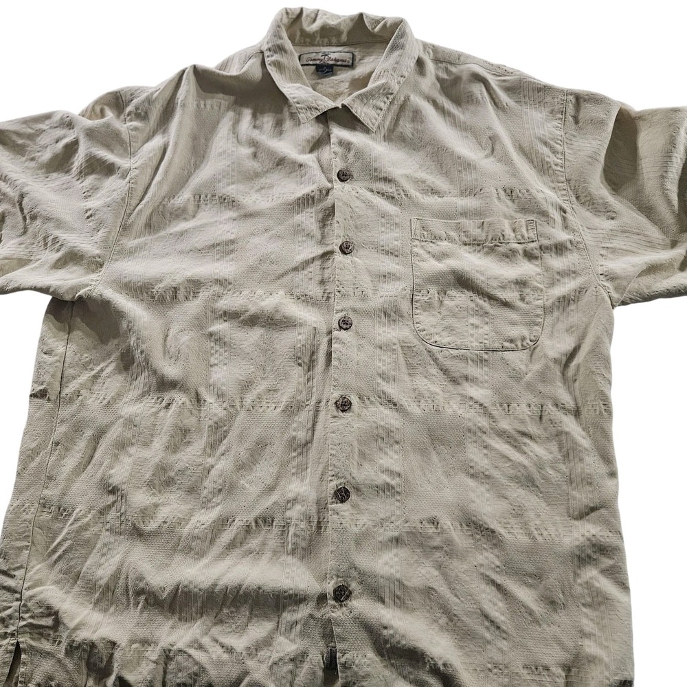 Tommy‎ Bahama Shirt Mens XL Beige 100% Silk Textured Short Sleeve Camp Casual